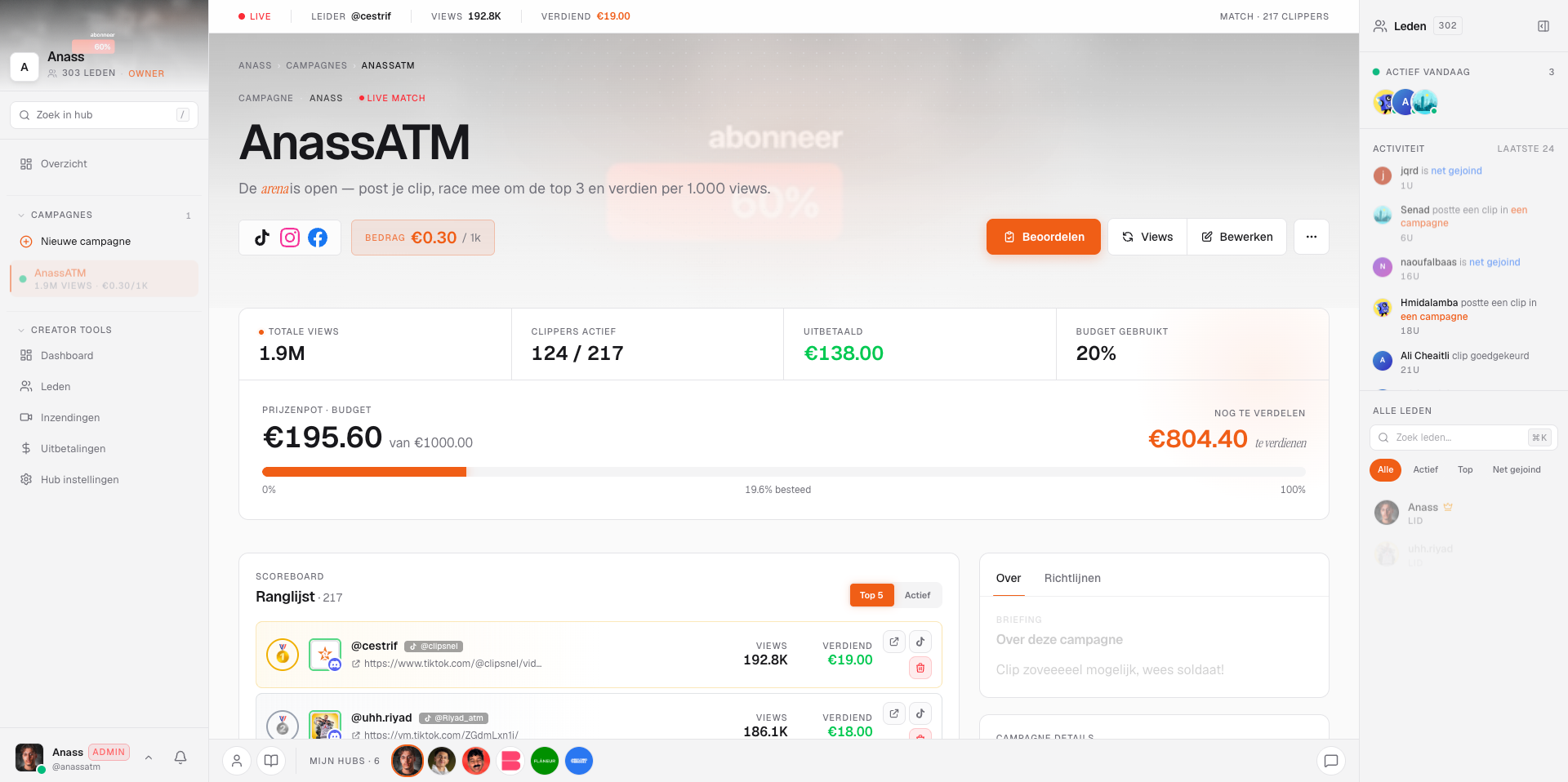 ClipHub live campaign with scoreboard